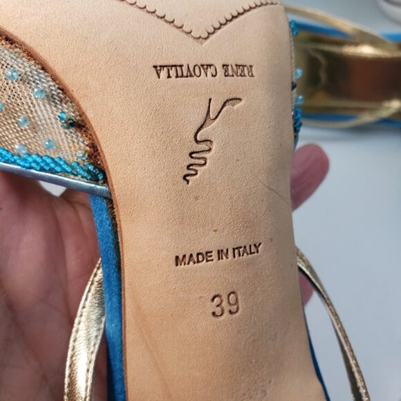 Rene Caovilla Tan w Turquoise Stones Heel Sling sz 8.5 / 39 - Picture 14 of 15